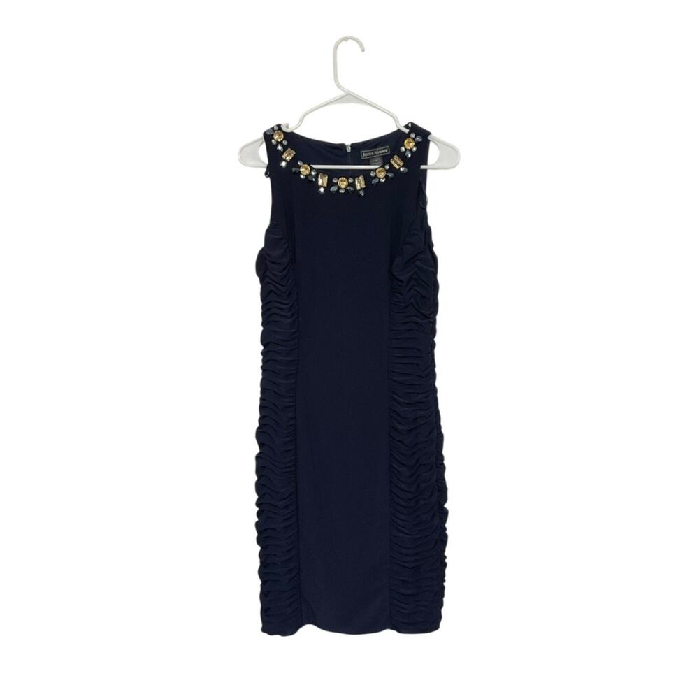 Jessica Howard Sleeveless Blue Ruched Dress Faux Gems Size 10 Medium Stretch
